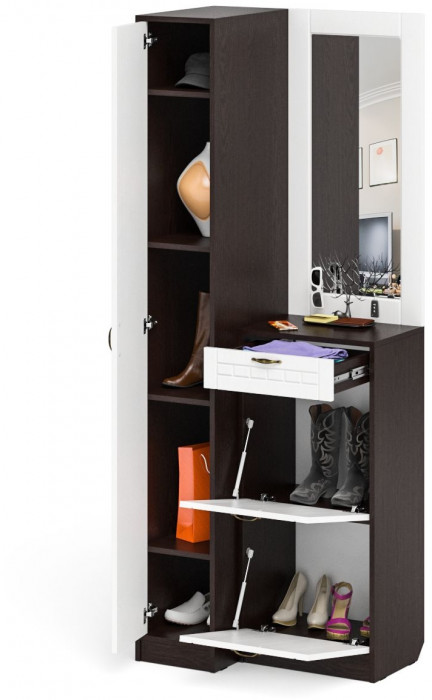 Прихожая П-6 Компоновка № 43, венге/фасады МДФ белое дерево фрезеровка прованс