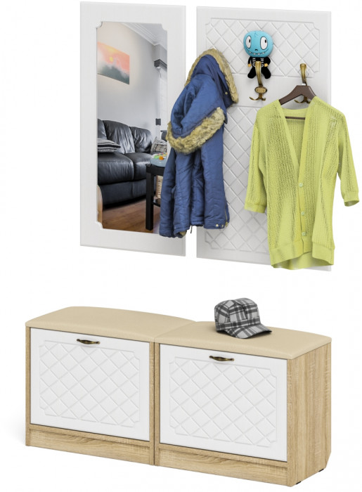 Прихожая П-6 Компоновка № 02, цвет дуб сонома/фасады МДФ белое дерево фрезеровка ромб, ШхГхВ 120х35х200 см.