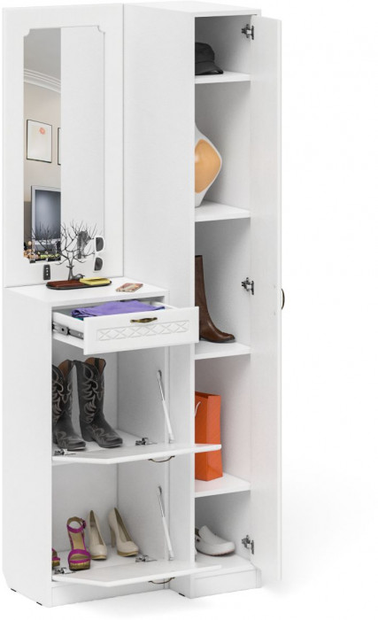 Прихожая П-6 Компоновка № 43, цвет белая шагрень/фасады МДФ белое дерево фрезеровка ромб, ШхГхВ 80х50х210 см., универсальная сборка