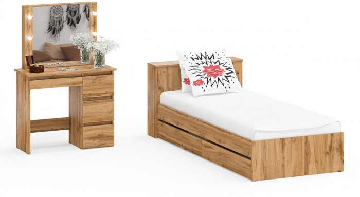 Ксения Кровать с ящиками 0900 + Стол косметический с подсветкой Сура, дуб вотан