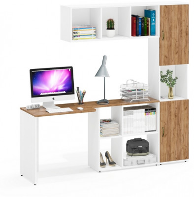 Лидер-8 Стол + Полка + Пенал, белый шагрень/крафт золото