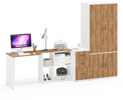 Лидер-8 Стол + Тумба МД 3.16 + Шкаф МД 19Б, белый шагрень/крафт золото