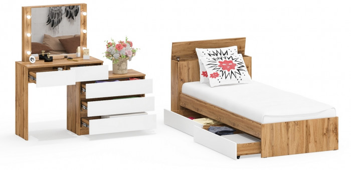Ксения Кровать с ящиками 0900 + Стол косметический с подсветкой 110, дуб вотан/белый