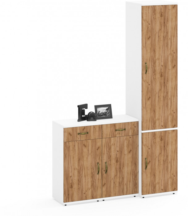 Лидер-8 Пенал МД 22Б + Тумба МД 3.15 + Тумба МД 3.15, белый шагрень/крафт золото