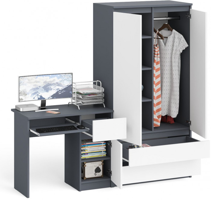 Мори компьютерный стол МС-1 правый + Шкаф МШ900.1, графит/белый