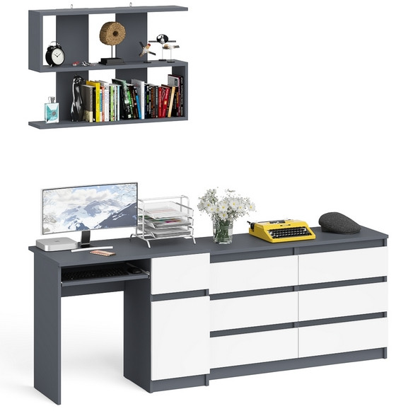 Мори Стол компьютерный МС-1 правый + Комод МК1200.6 + Полка 900, цвет графит/белый, ШхГхВ 210,4х50х209,6 см., НЕ универсальная сборка