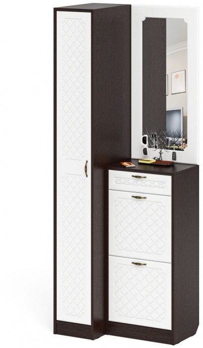 Прихожая П-6 Компоновка № 43, венге/фасады МДФ белое дерево фрезеровка ромб