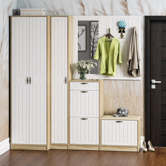 Прихожая П-6 Шкаф, дуб сонома/фасады МДФ белое дерево фрезеровка прованс