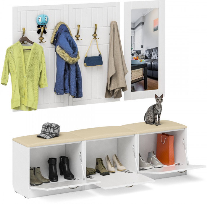 Прихожая П-6 Компоновка № 03, цвет белая шагрень/фасады МДФ белое дерево фрезеровка прованс, ШхГхВ 180х35х200 см., универсальная сборка