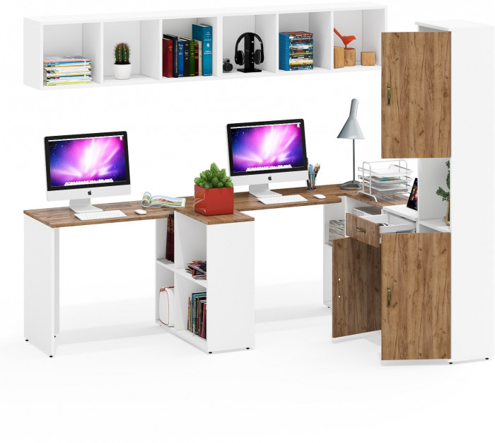 Лидер-8 Стол + Полка + Стол + Полка + Пенал + Тумба МД 3.15, белый шагрень/крафт золото