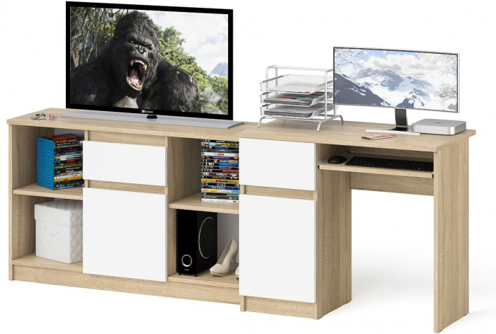 Мори Стол компьютерный МС-1 левый + Тумба МТВ1204.1, цвет дуб сонома/белый, ШхГхВ 210,4х50х76,6 см., выдвижной ящик слева, НЕ универсальная сборка