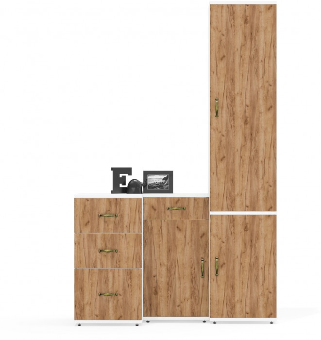 Лидер-8 Пенал МД 21Б + Тумба МД 3.15 + Тумба МД 3.16, цвет белый шагрень/крафт золото, ШхГхВ 120х50х190 см., универсальная сборка