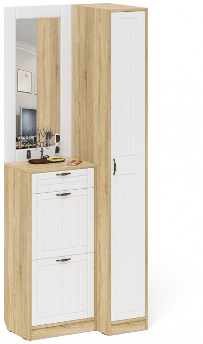 Прихожая П-6 Компоновка № 43, дуб сонома/фасады МДФ белое дерево фрезеровка прованс