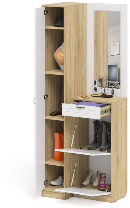 Прихожая П-6 Компоновка № 43, дуб сонома/фасады МДФ белое дерево фрезеровка прованс