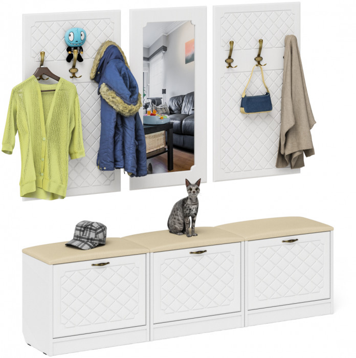 Прихожая П-6 Компоновка № 03, цвет белая шагрень/фасады МДФ белое дерево фрезеровка ромб, ШхГхВ 180х35х200 см., универсальная сборка