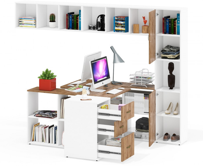 Лидер-8 Стол + Полка + Стол + Полка + Пенал + Тумба МД 3.16, белый шагрень/крафт золото