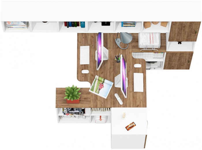 Лидер-8 Стол + Полка + Стол + Полка + Пенал + Тумба МД 3.16, белый шагрень/крафт золото