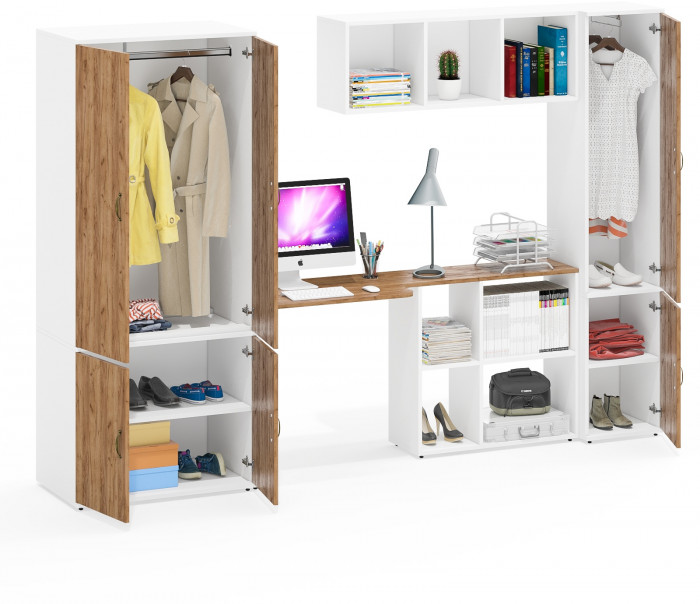 Лидер-8 Шкаф МД 19Б + Стол + Полка + Пенал 21Б, цвет белый шагрень/крафт золото, ШхГхВ 285х50/37,5х75/190 или 195х120х75/190 см., НЕ ун.сб.