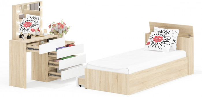 Ксения Кровать с ящиками 0900 + Стол косметический с подсветкой 110, дуб сонома/белый