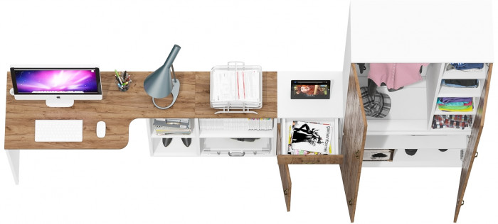 Лидер-8 Стол + Тумба МД 3.15 + Шкаф МД 20Б, белый шагрень/крафт золото