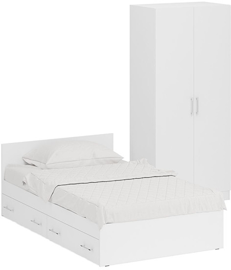 Кровать с ящиками 1200 + Шкаф 2-х створчатый Стандарт, цвет белый, ШхГхВ 123,5х203,5х70 + 90х52х200 см., сп.м. 1200х2000 мм., б/м, основание есть