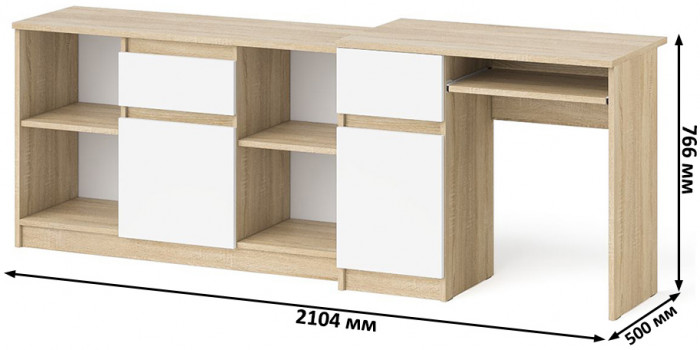 Мори Стол компьютерный МС-1 левый + Тумба МТВ1204.1, цвет дуб сонома/белый, ШхГхВ 210,4х50х76,6 см., выдвижной ящик слева, НЕ универсальная сборка