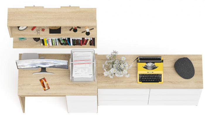 Мори Стол компьютерный МС-1 правый + Комод МК1200.6 + Полка 900, цвет дуб сонома/белый, ШхГхВ 210,4х50х209,6 см., НЕ универсальная сборка