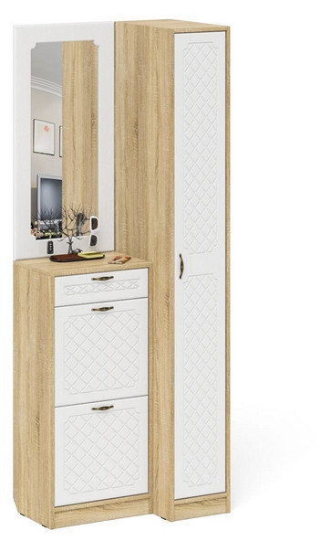 Прихожая П-6 Компоновка № 43, дуб сонома/фасады МДФ белое дерево фрезеровка ромб