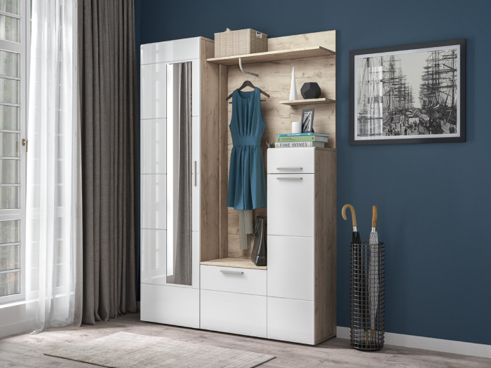 Лайн Прихожая № 01, дуб крафт серый/фасады МДФ белый глянец