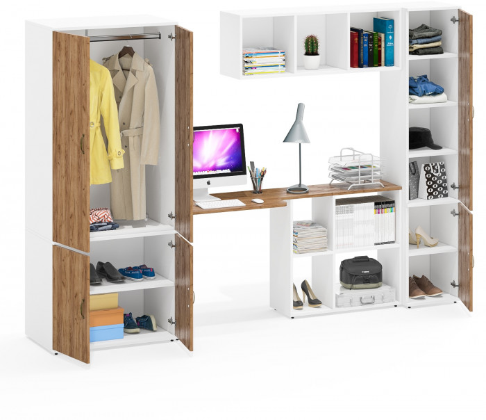 Лидер-8 Шкаф МД 19Б + Стол + Полка + Пенал 22Б, цвет белый шагрень/крафт золото, ШхГхВ 285х50/37,5х75/190 или 195х120х75/190 см., НЕ ун.сб.