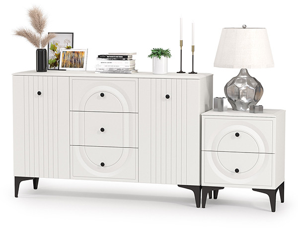 Валенсия Спальня 13.309 Комод + 13.291 Тумба прикроватная, ЛДСП белый шагрень/МДФ белый шагрень