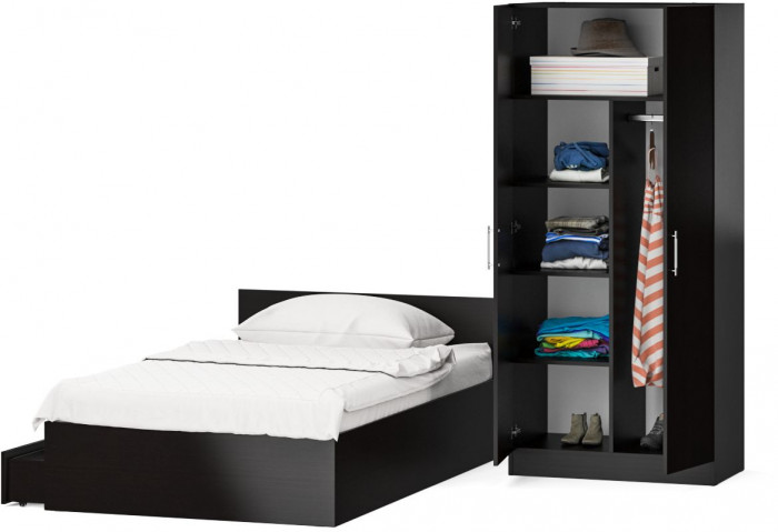 Кровать с ящиками 1200 + Шкаф 2-х створчатый Стандарт, цвет венге, ШхГхВ 123,5х203,5х70 + 90х52х200 см., сп.м. 1200х2000 мм., б/м, основание есть