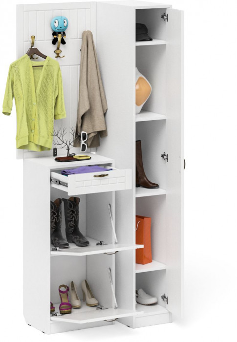 Прихожая П-6 Компоновка № 44, белая шагрень/фасады МДФ белое дерево фрезеровка прованс