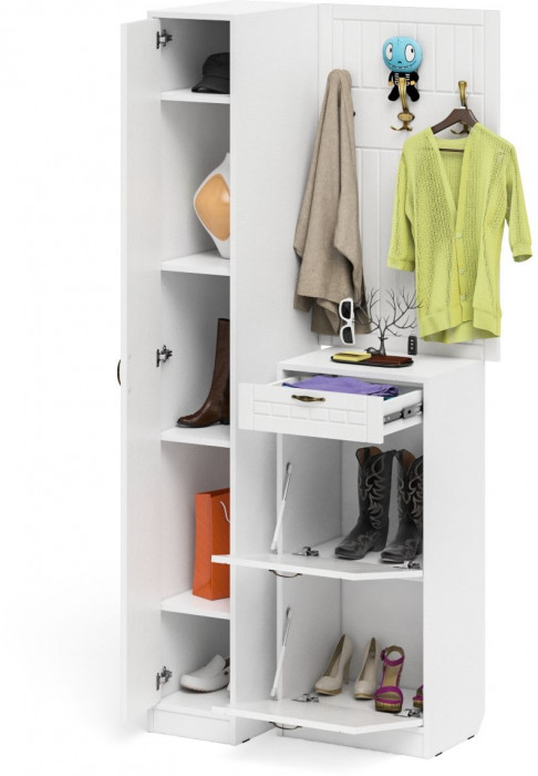 Прихожая П-6 Компоновка № 44, белая шагрень/фасады МДФ белое дерево фрезеровка прованс