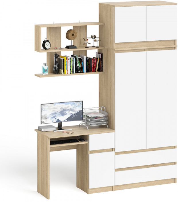 Мори компьютерный стол МС-1 правый + Шкаф МШ900.1 + Антресоль МА900.1 + Полка 900, дуб сонома/белый