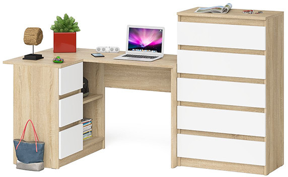 Мори компьютерный стол МС-16 левый + Комод МК700.5, дуб сонома/белый