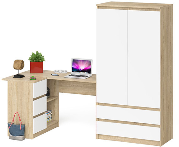 Мори компьютерный стол МС-16 левый + Шкаф МШ900.1, дуб сонома/белый