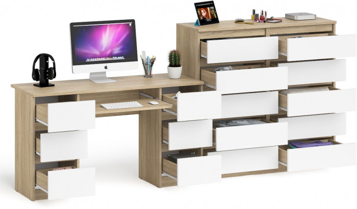 Мори компьютерный стол МС-2 + Комод МК1200.10, дуб сонома/белый