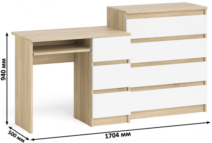 Мори компьютерный стол МС-6 правый + Комод МК800.4, дуб сонома/белый