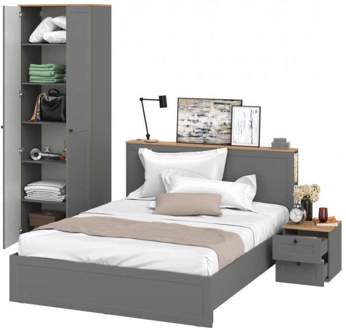 Остин 11.53 Кровать + ортопед + 16.307 Шкаф + 16.152 Тумба прикроватная, серый графит/дуб крафт золотой
