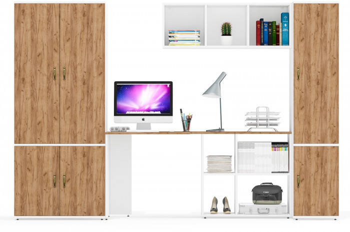 Лидер-8 Шкаф МД 19Б + Стол + Полка + Пенал 23Б, цвет белый шагрень/крафт золото, ШхГхВ 285х50/37,5х75/190 или 195х120х75/190 см., НЕ ун.сб.