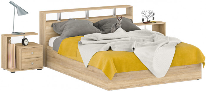 Камелия Кровать 1600 + две тумбы, цвет дуб сонома, ШхГхВ 276х217х78,2 см., сп.м. 1600х2000 мм., без матраса, основание есть