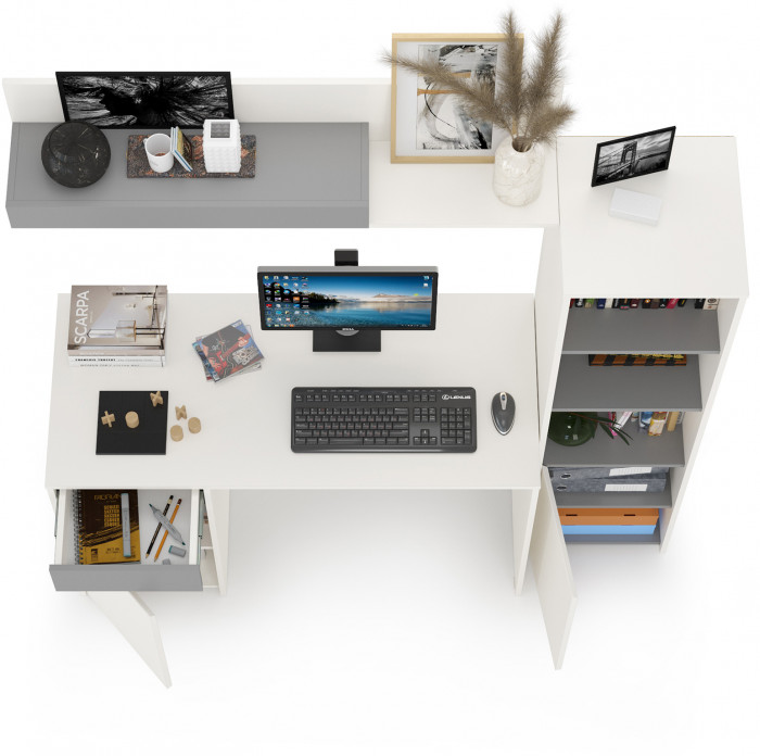 Торонто 12.149 Стол + 13.13 Шкаф комбинированный + 16.475 Полка, цвет белый шагрень/стальной серый, ШхГхВ 160х53,1х174 см., универсальная сборка