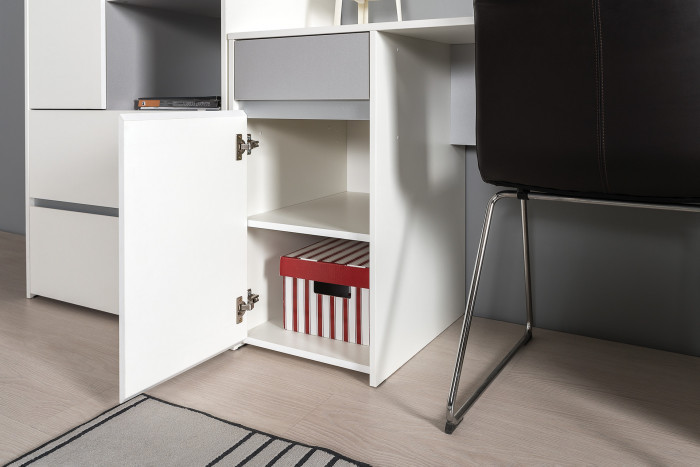 Торонто 12.149 Стол + 13.13 Шкаф комбинированный + 16.475 Полка, цвет белый шагрень/стальной серый, ШхГхВ 160х53,1х174 см., универсальная сборка