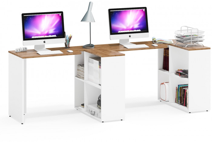 Лидер-8 Стол + Стол, цвет белый шагрень/крафт золото, ШхГхВ 330х50/30х75 см. или 230х50/80х75 см., НЕ универсальная сборка