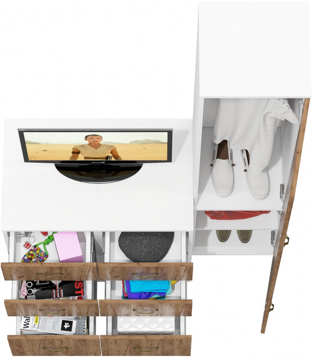 Лидер-8 Пенал МД 21Б + Тумба МД 3.16 + Тумба МД 3.16, цвет белый шагрень/крафт золото, ШхГхВ 120х50х190 см., универсальная сборка