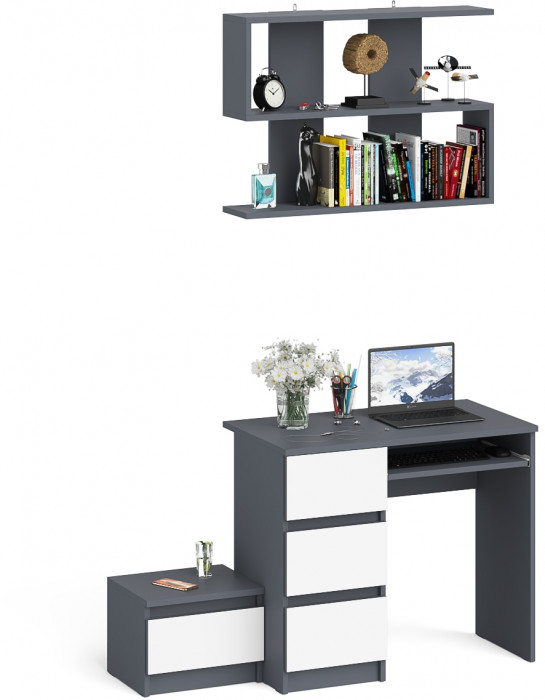 Мори компьютерный стол МС-6 левый + Тумба ТМП400.1 + Полка 900, графит/белый