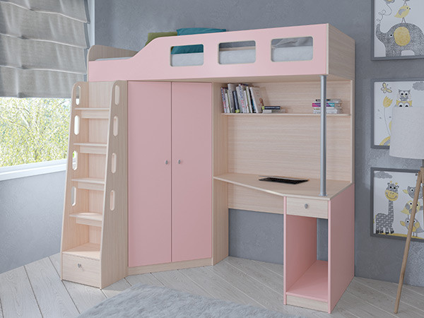 Кровать чердак Астра 7 Дуб молочный/Розовый