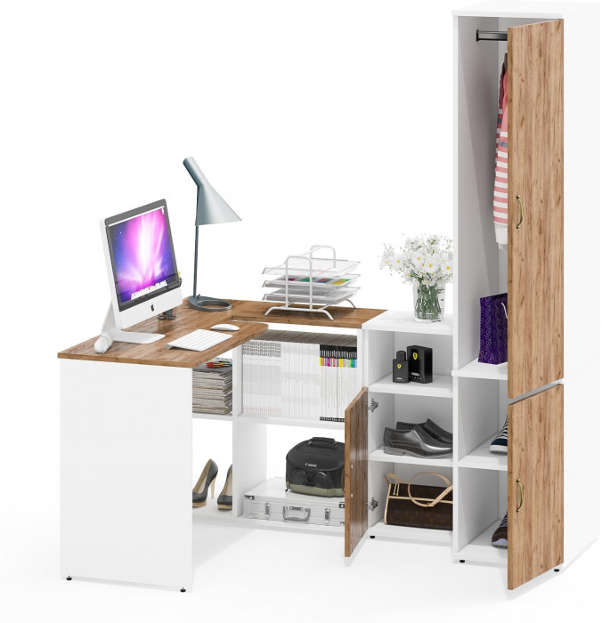 Лидер-8 Стол + Тумба МД 3.19 + Пенал МД 23Б, белый шагрень/крафт золото