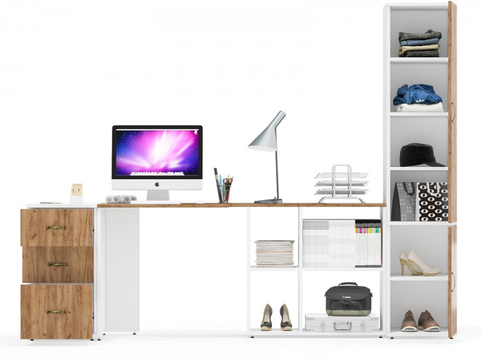 Лидер-8 Стол + Тумба МД 3.16 + Пенал МД 22Б, белый шагрень/крафт золото